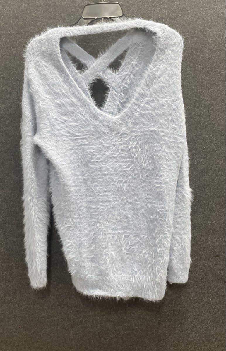 Jessica Simpson Women's Blue Fuzzy Eyelash Knit Criss Cross Back Sweater XS