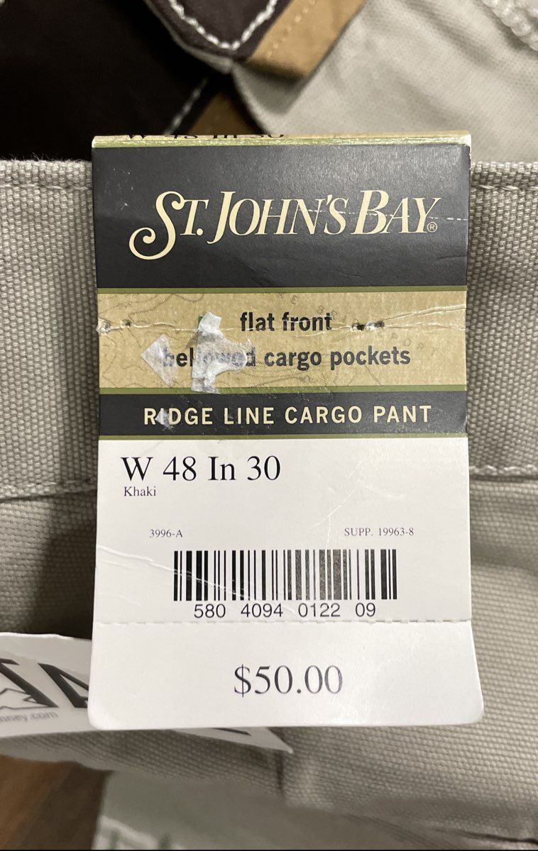St. John's Bay Men's Khaki Ridge Line Cargo Pants Flat Front 48x30 NWT