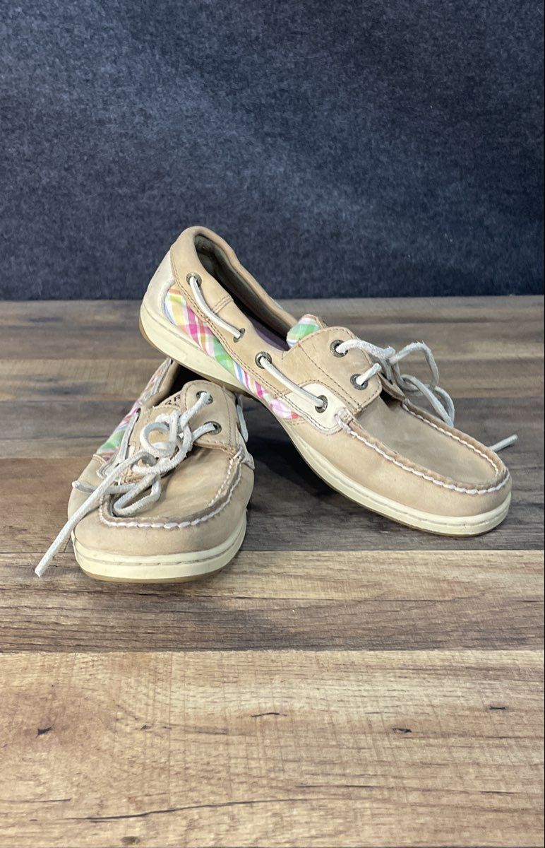 Sperry Top-Sider Bluefish Tan Leather Plaid Canvas Boat Shoes Women's Size 8