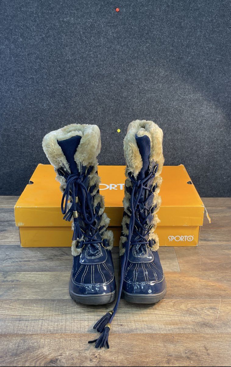 Sporto Navy Blue Patent Faux Fur Tassel Winter Snow Boots Women's Size 11