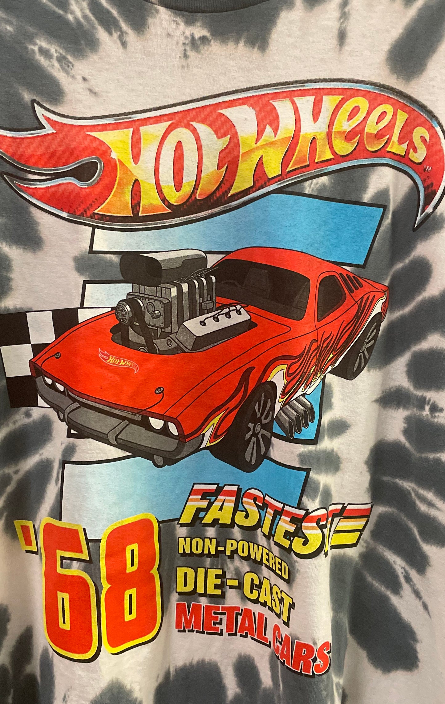 Hot Wheels Men's Gray White Tie Dye Graphic Red Muscle Car 68 Cotton T-Shirt XL