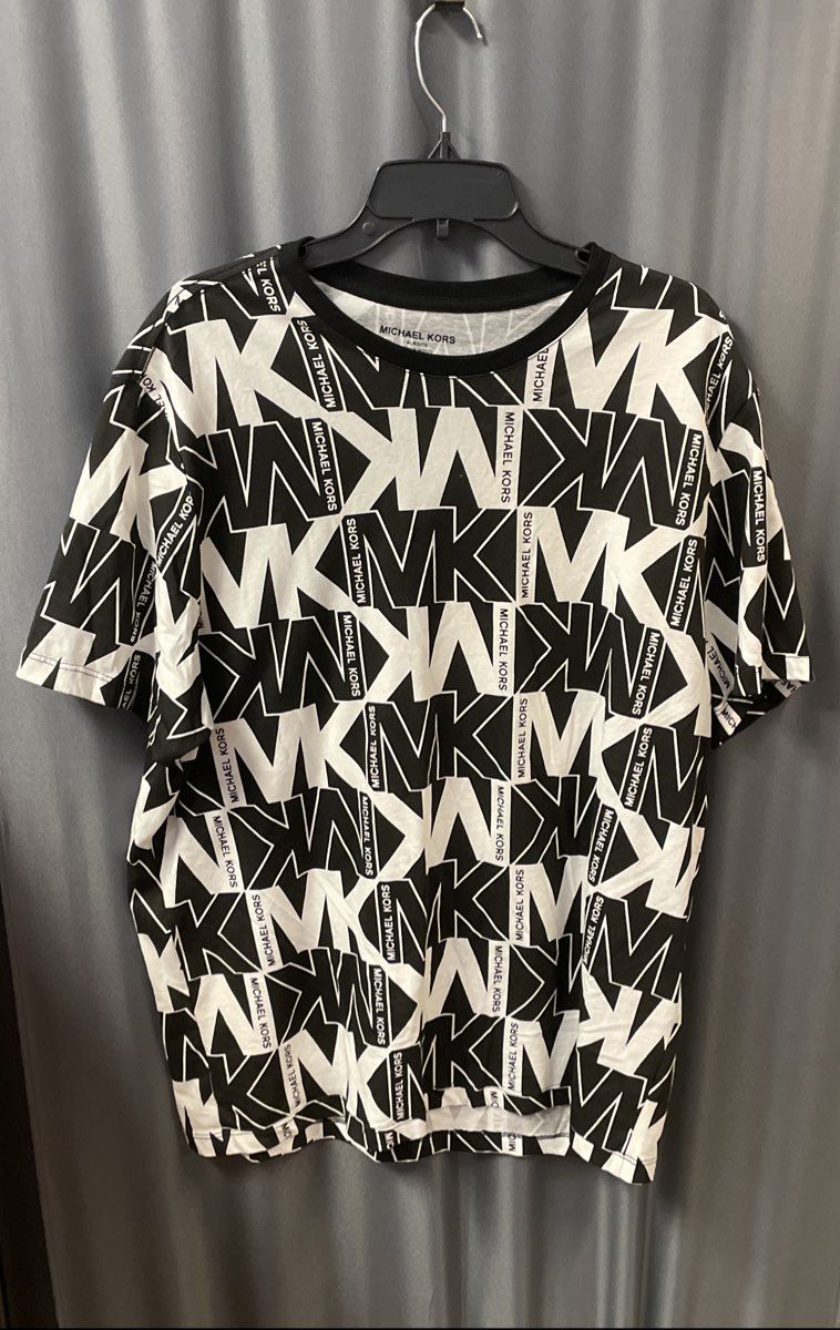 Michael Kors Men's Black White All Over MK Logo Graphic T-Shirt Cotton Sz XL