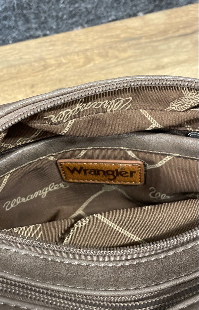 Wrangler Taupe Faux Leather Whipstitch Crossbody Bag Branded Strap