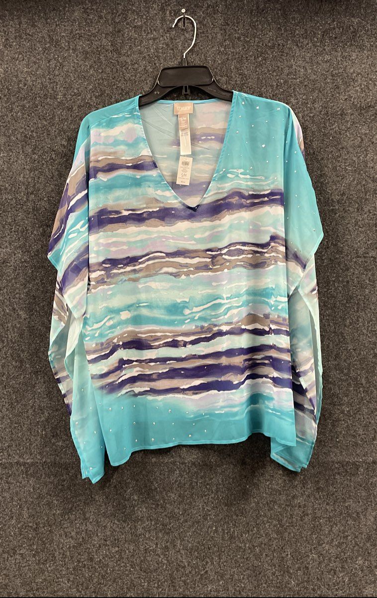 Chico's Women's Paula V Poncho Tibetan Aqua Blue Mixed Watercolor Sz S/M NWT
