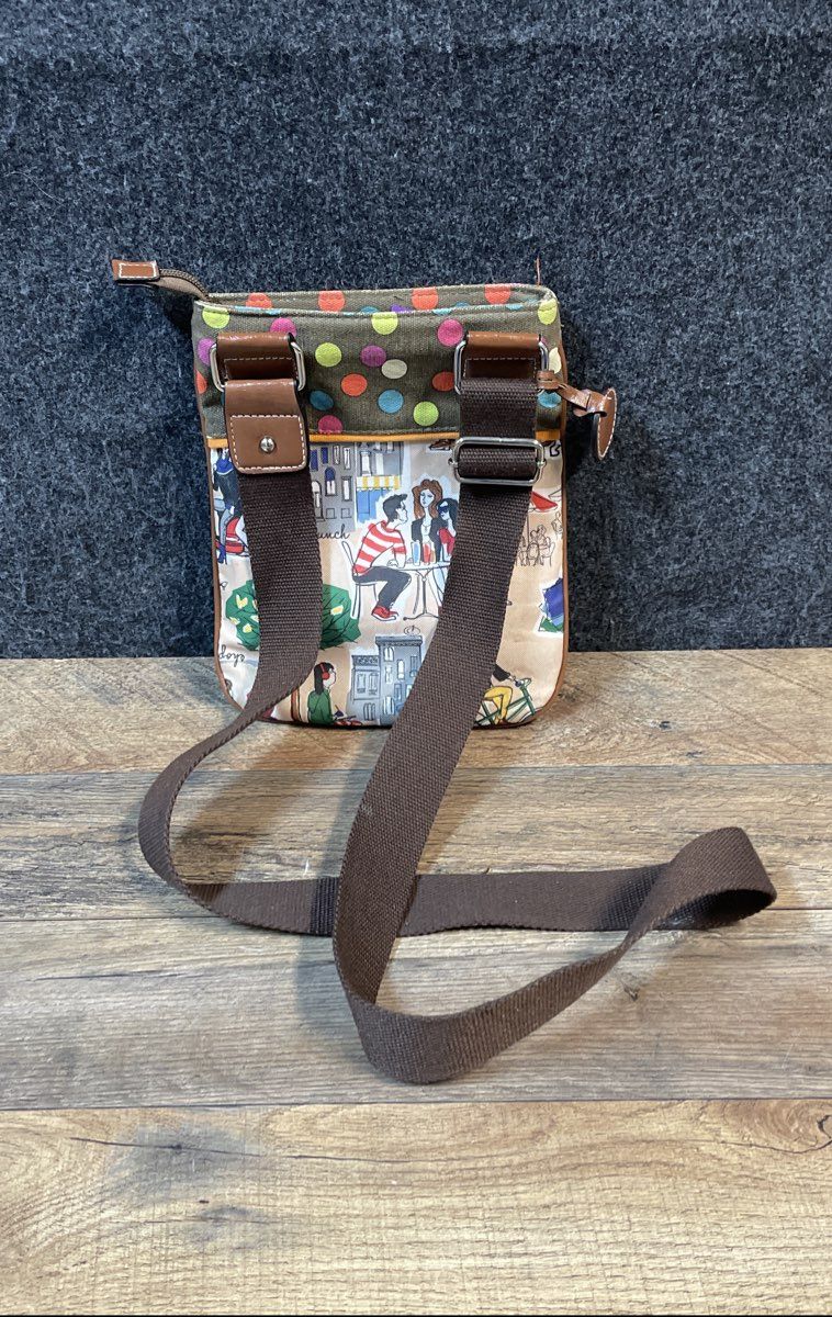 Lily Bloom Scooter City Print Crossbody Bag Multicolor Canvas Polka Dot Trim