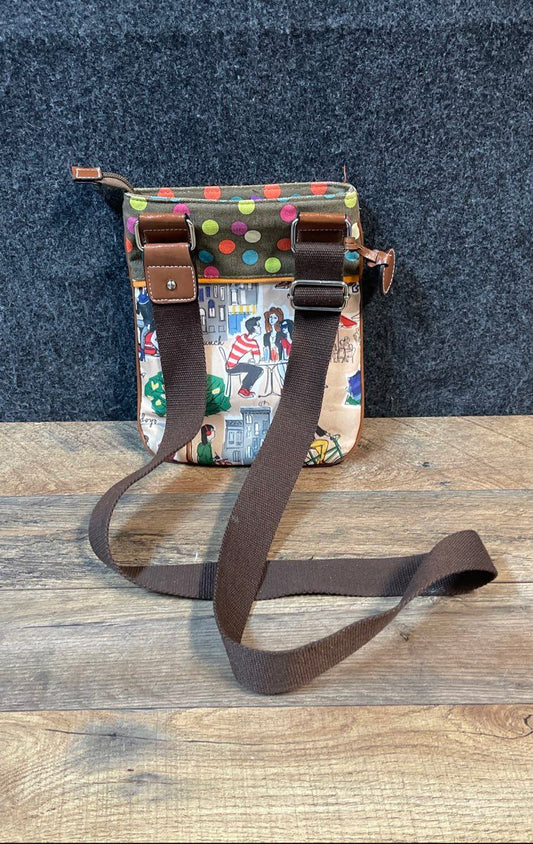 Lily Bloom Scooter City Print Crossbody Bag Multicolor Canvas Polka Dot Trim