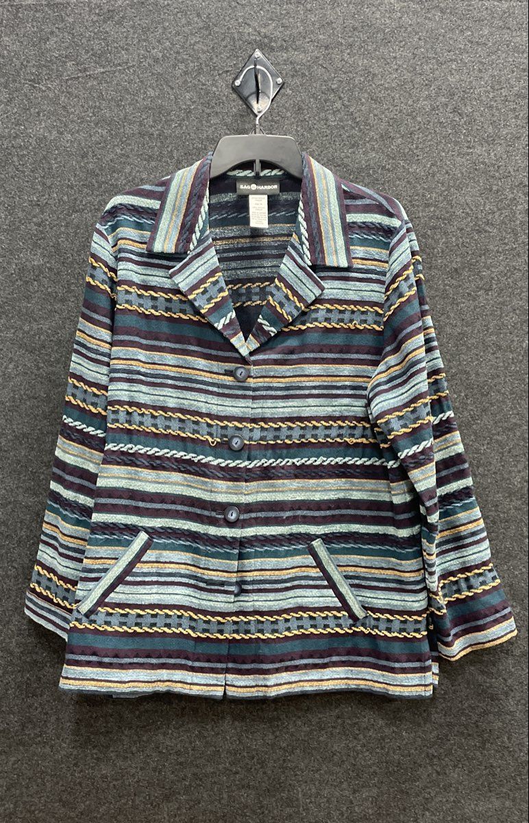 Sag Harbor Women's Blue Multicolor Striped Southwestern Knit Jacket Sz 16