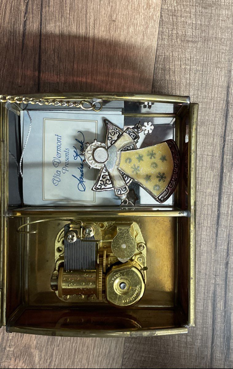 Vintage Enesco Music Box Sandra Kuck Angel Art Brass & Tortoise Shell Finish