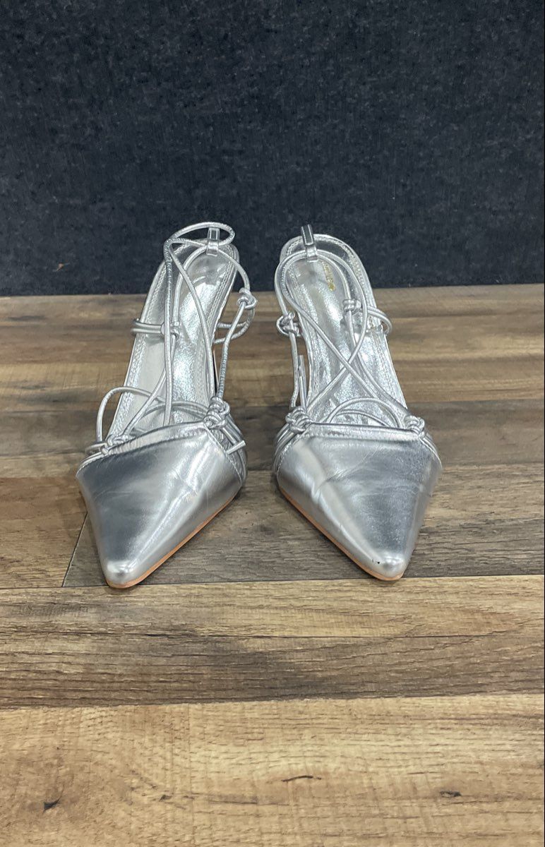 PrettyLittleThing Silver Pointed Toe Strappy Lace Up Heels Women's Size 8