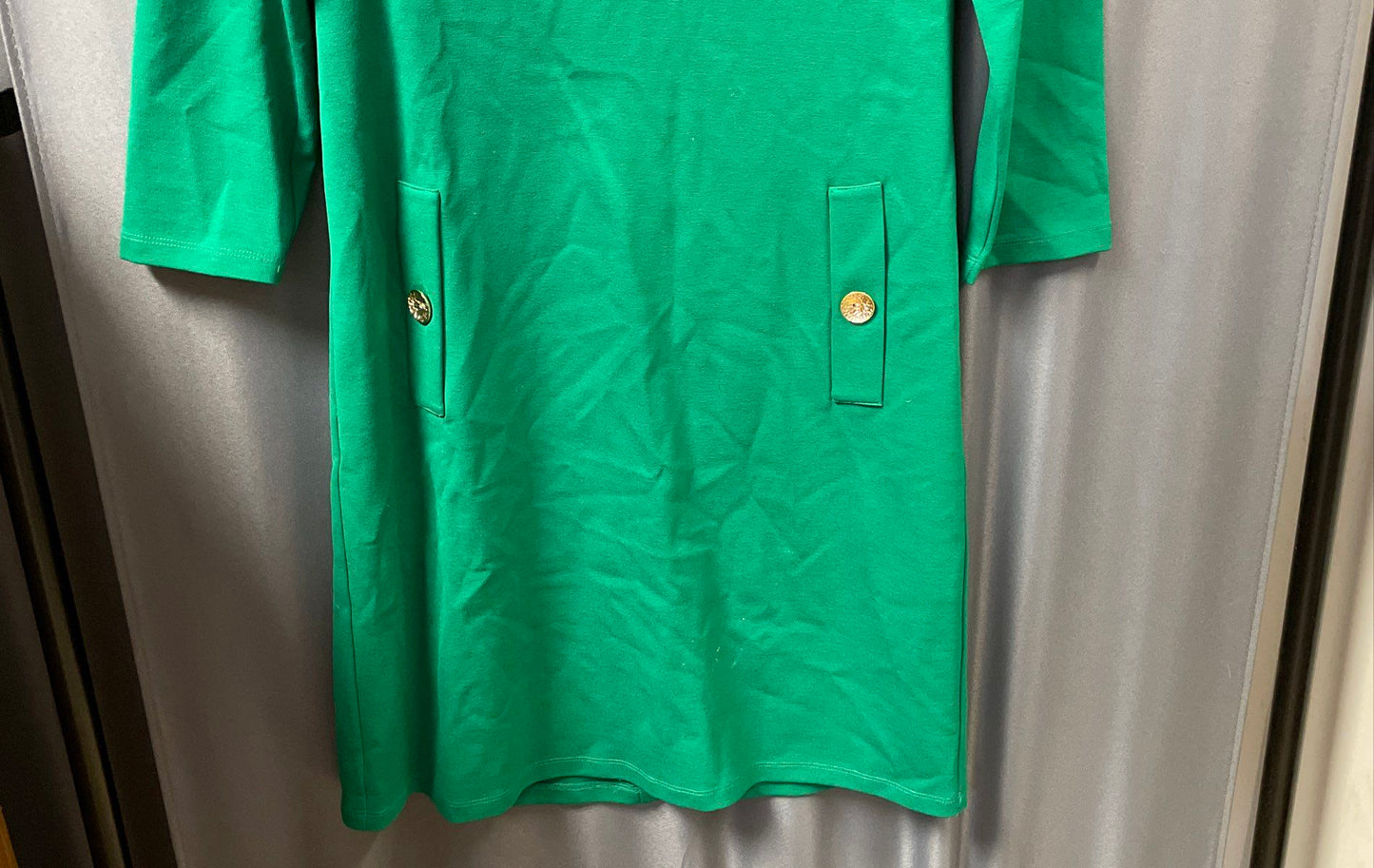 Eliza J Women's Green V-Neck 3/4 Sleeve Button Detail Sheath Dress Size 4