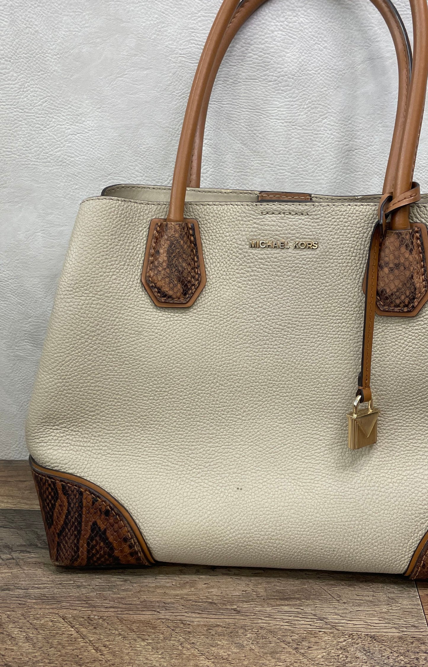 Michael Kors Cream Pebbled Leather Snakeskin Embossed Tote Bag Gold Hardware