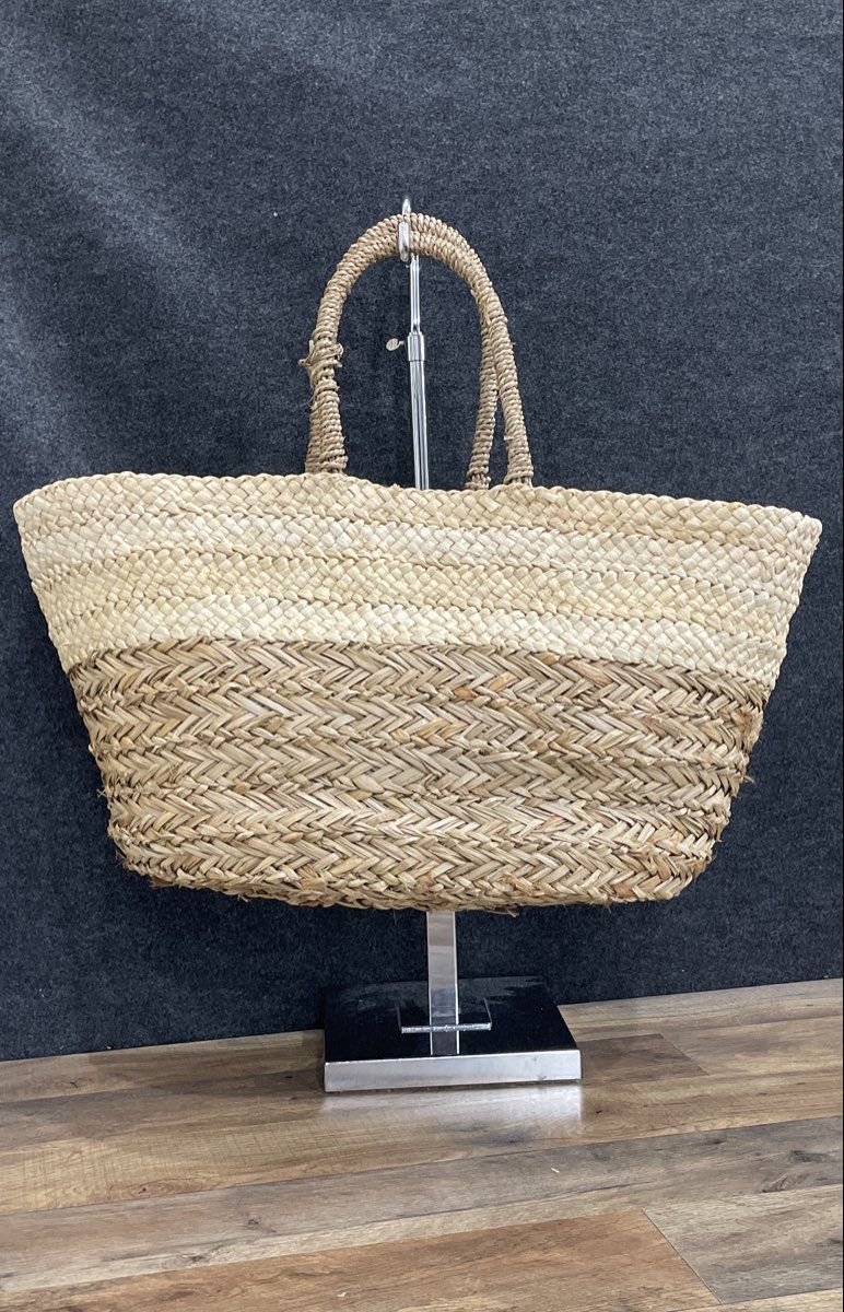 Unbranded Cream Brown Two-Tone Woven Wooden Design Straw Basket Tote Bag