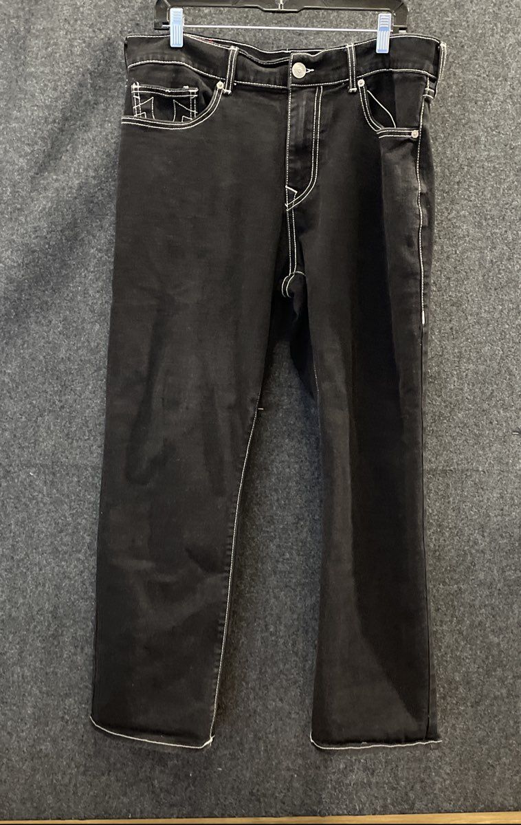 True Religion Women's Ricky Relaxed Straight Black Jeans Contrast Stitch Sz 36