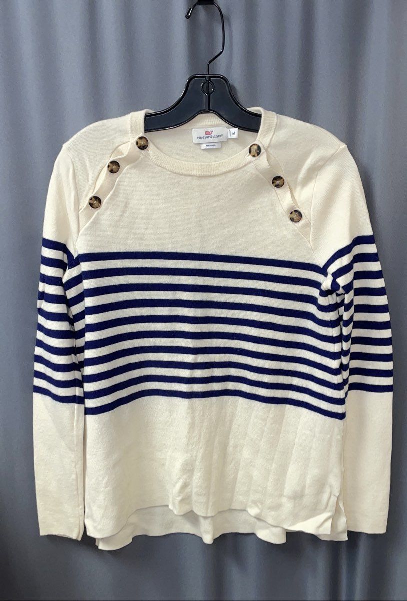 Vineyard Vines Women's Cream Navy Striped Shoulder Button Sweater M