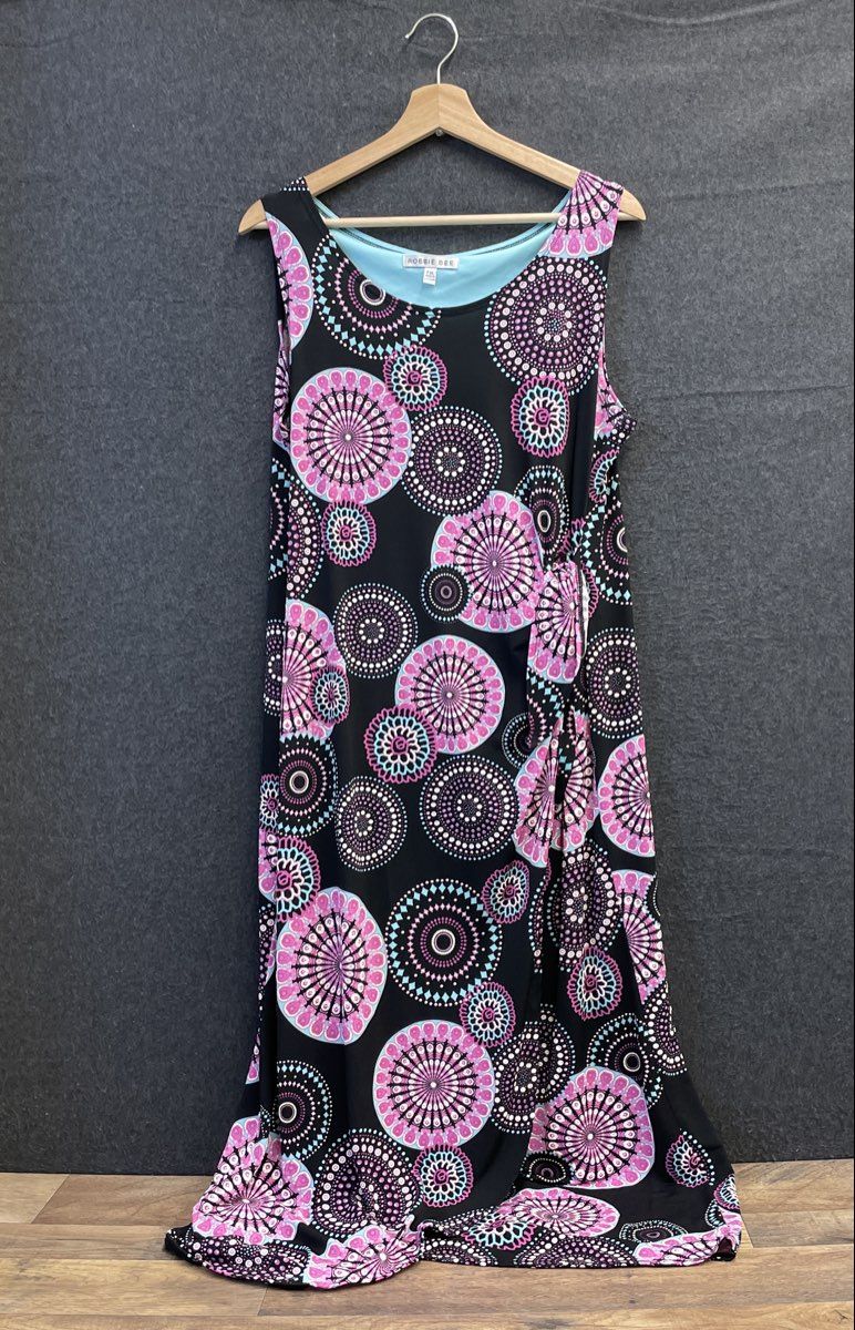 Robbie Bee Women's Black Pink Mandala Geometric Maxi Dress Ruched Side Sz PXL