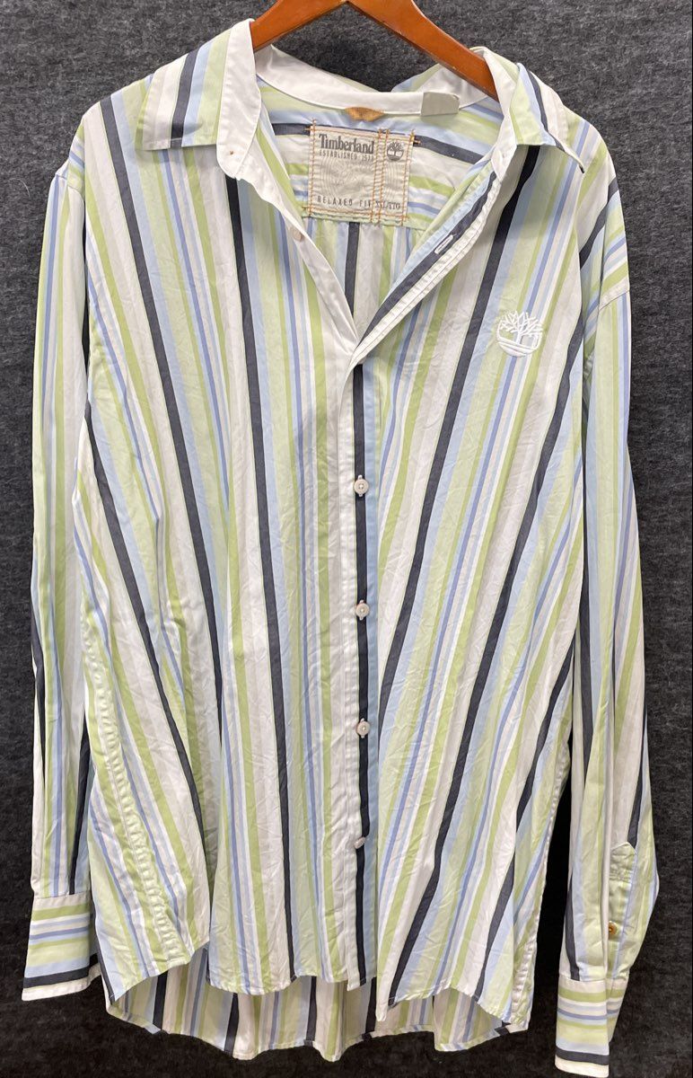 Timberland Men's Long Sleeve Button Up Shirt Blue Green Striped Relaxed Fit XXL