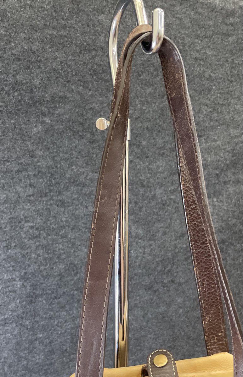 Sophia Visconti Cream Leather Multi Pocket Shoulder Bag Tote Brown Trim