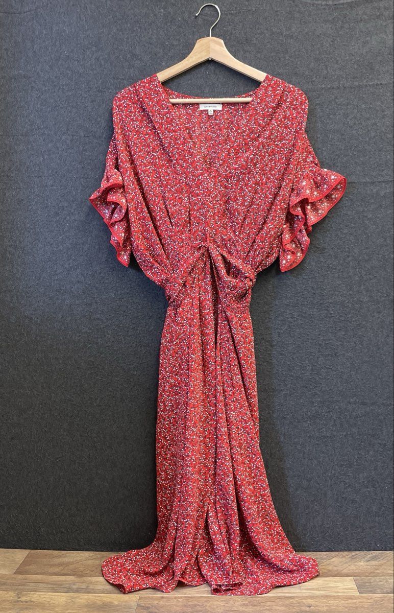 Max Studio Women's Red Floral Flutter Sleeve Tie Back Maxi Dress Sz XL