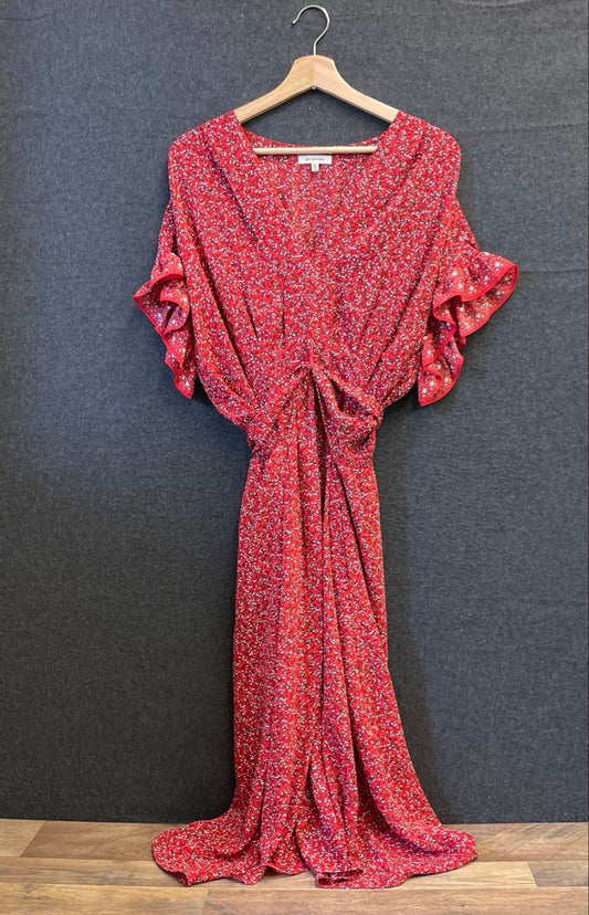 Max Studio Women's Red Floral Flutter Sleeve Tie Back Maxi Dress Sz XL