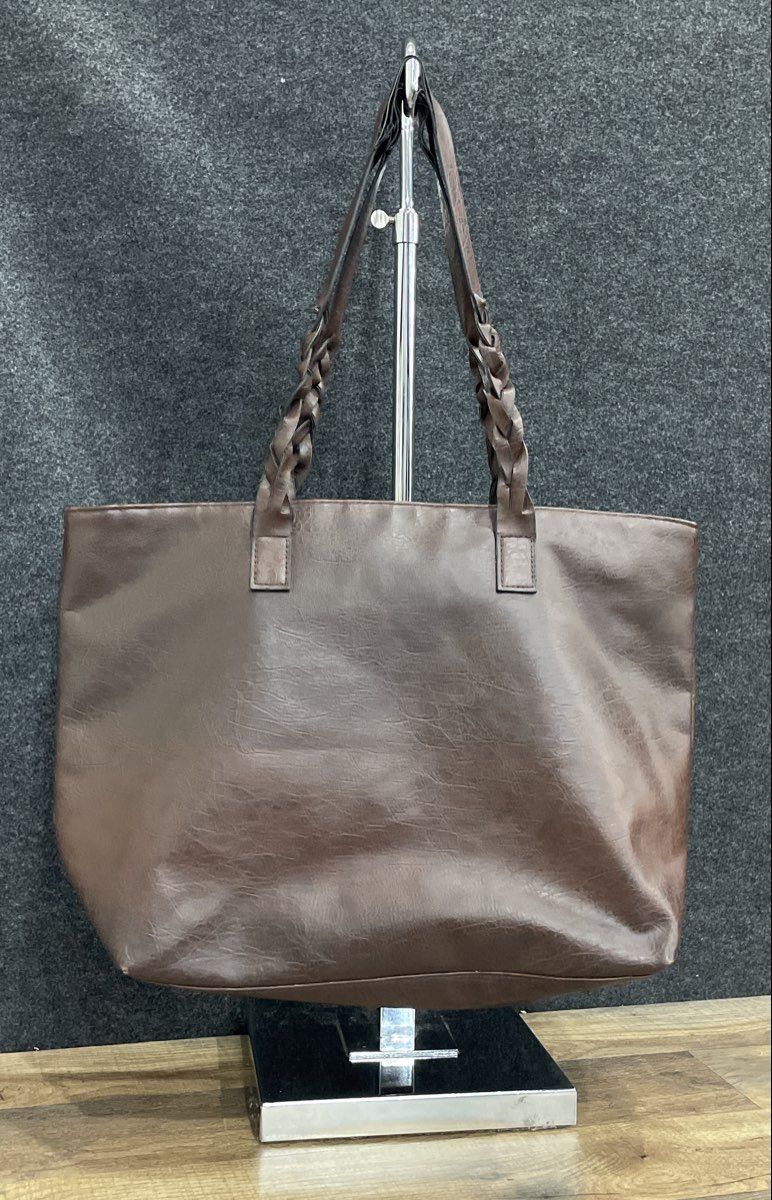 Weimeibaige Brown Leather Large Shopper Tote Bag Braided Handles Front Pocket