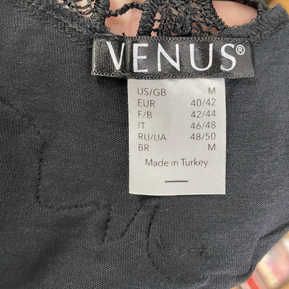 Venus Women's Black Lace Yoke T-Shirt Crochet Detailed 100% Cotton Size M