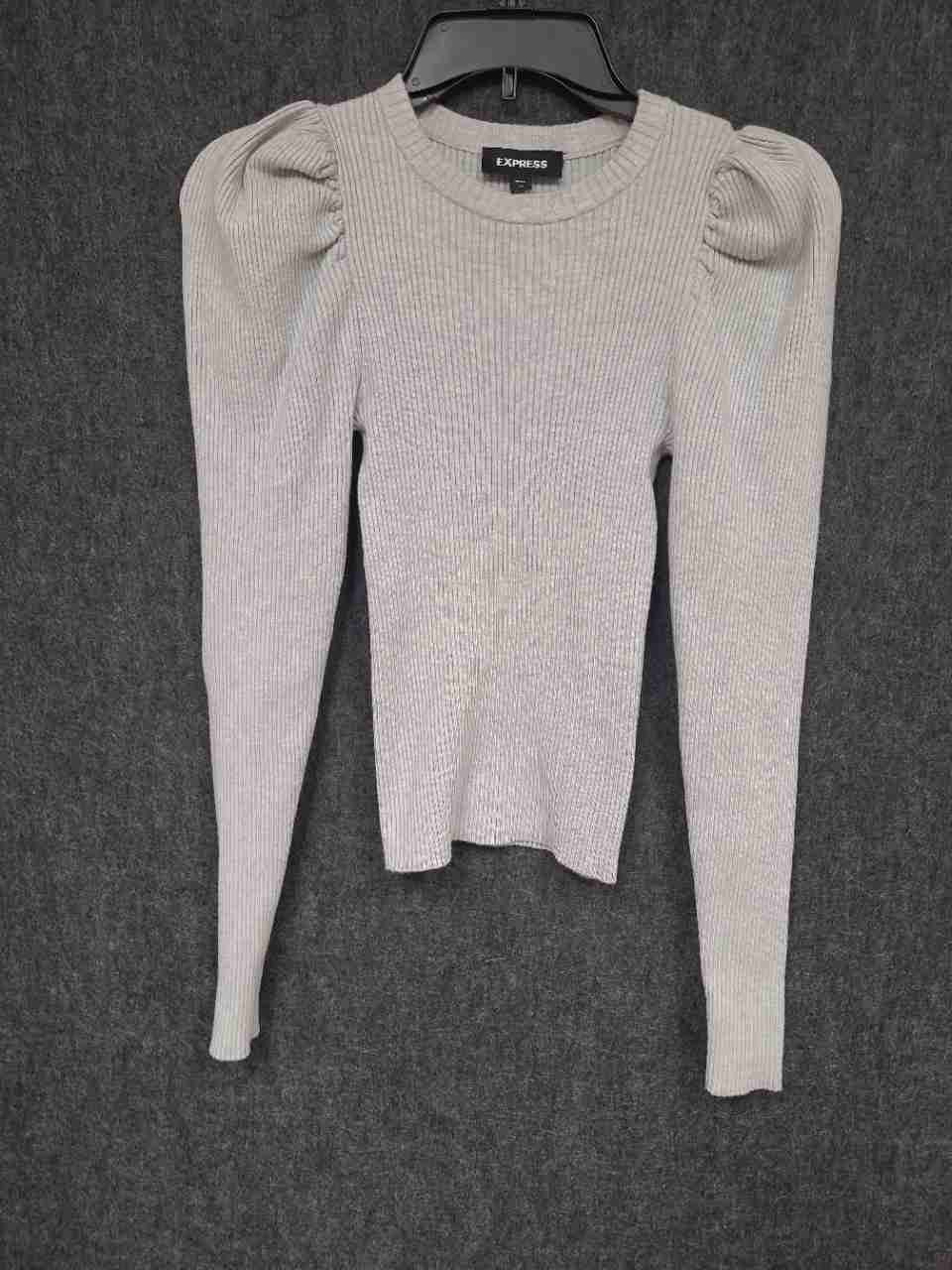 Express Women's Grey Ribbed Knit Puff Sleeve Top Sweater Sz XS