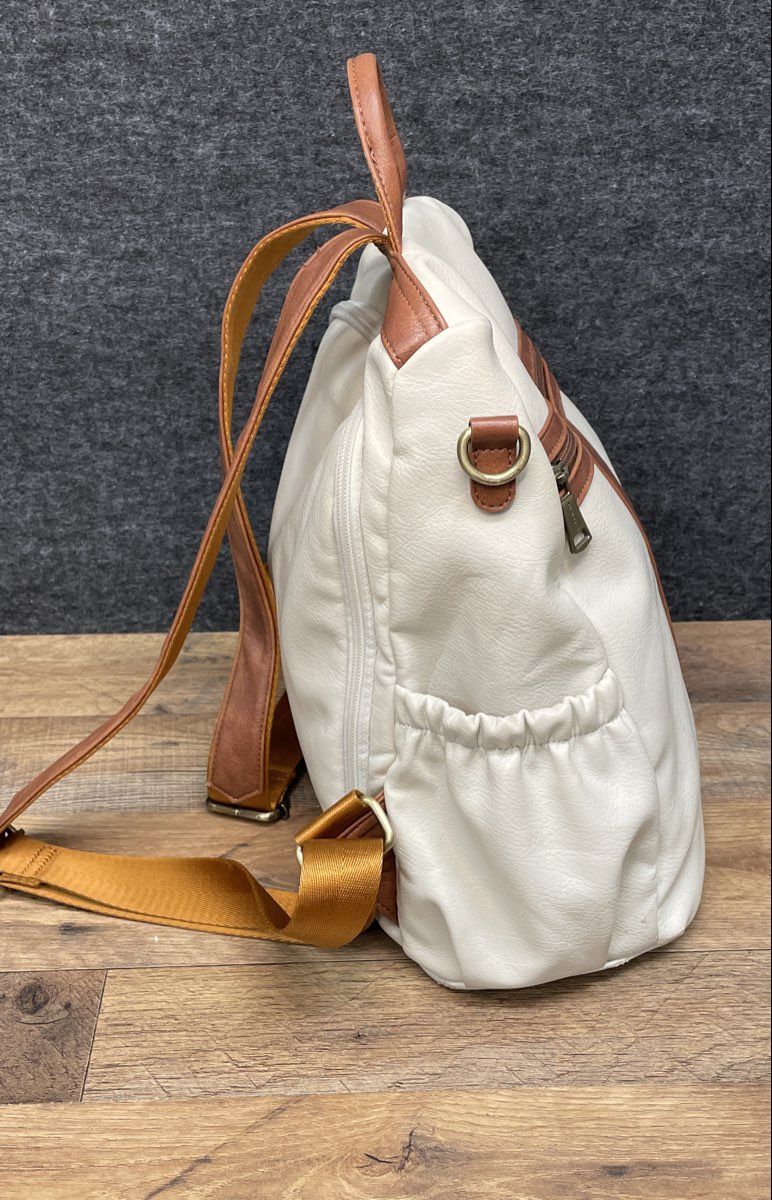 Missnine Cream White Brown Faux Leather Anti-theft Laptop Backpack Travel Bag