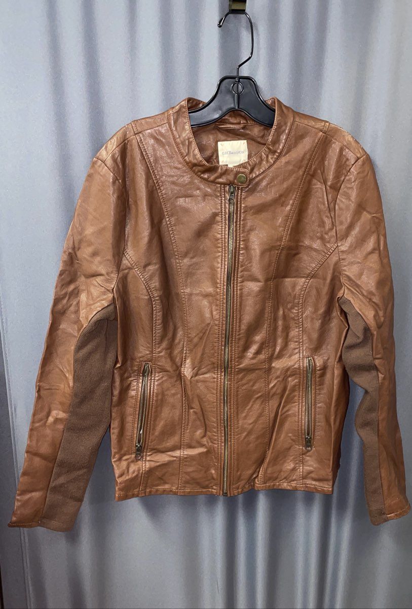 G.H. Bass & Co. Women's Brown Faux Leather Moto Jacket Ribbed Knit Trim Sz XL