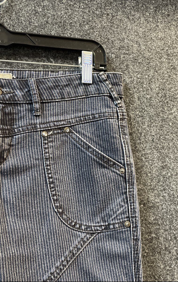 Free People Women's Blue Railroad Stripe Paneled Moto Skinny Pants Size 28