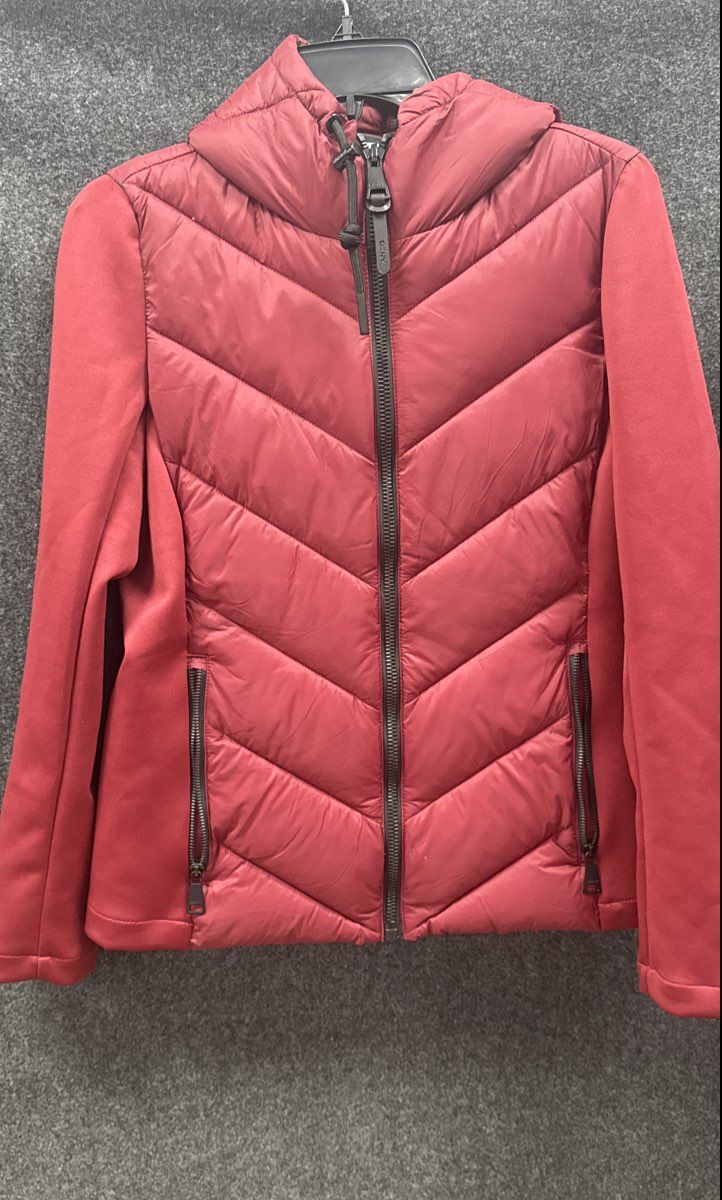 DKNY Women's Mixed-Media Hooded Puffer Jacket Burgundy Chevron Sz S