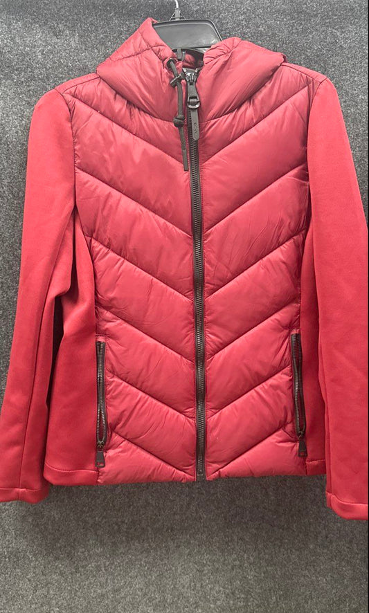 DKNY Women's Mixed-Media Hooded Puffer Jacket Burgundy Chevron Sz S