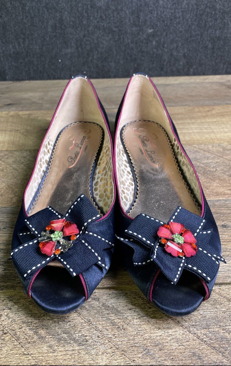 Poetic Licence Wonderful Day Navy Blue Peep Toe Bow Flats Women's Size 9