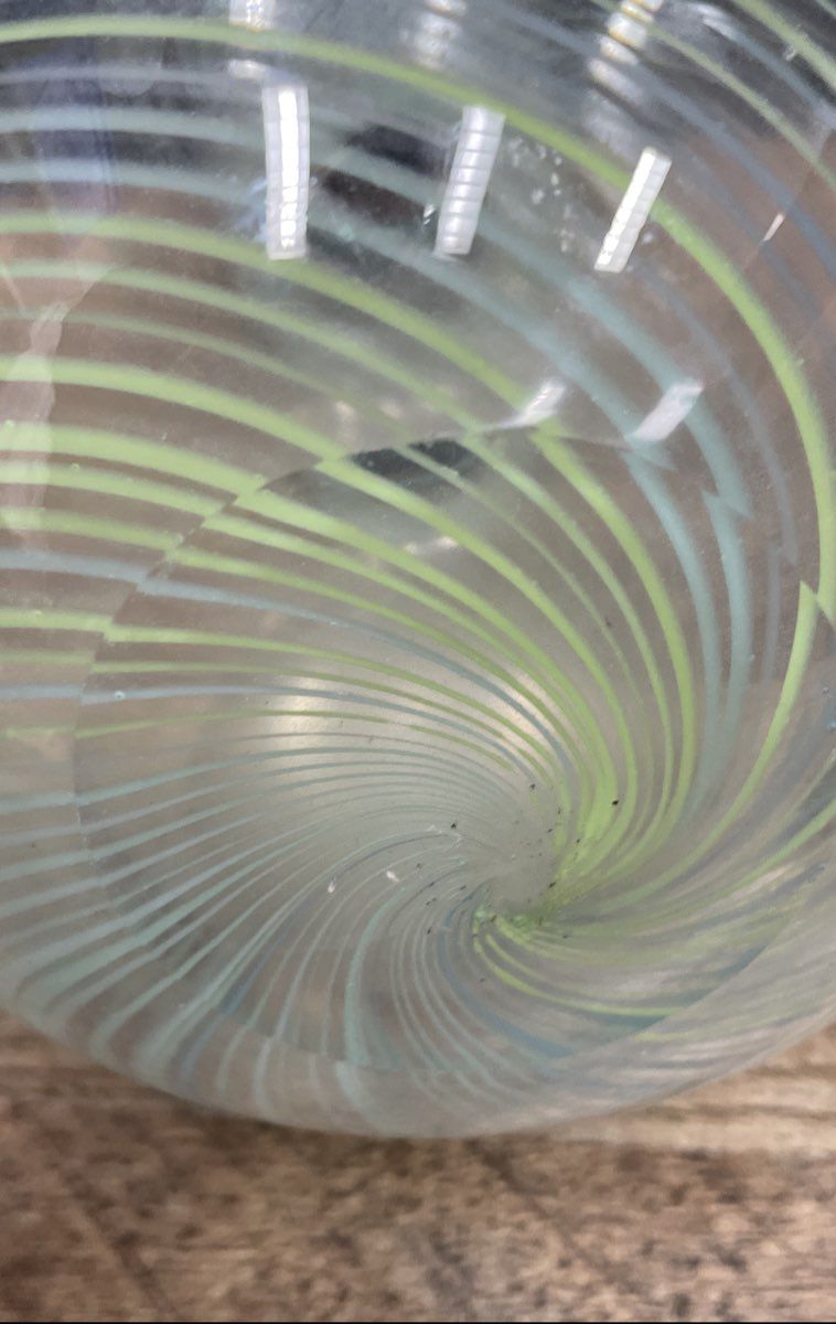 Art Glass Vase Spiral Swirl Pattern Light Blue Rim Bulbous Body 9" Vintage