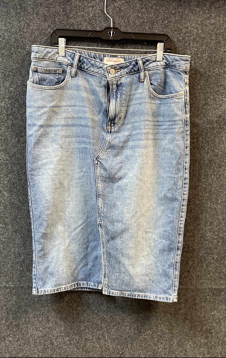 Lucky Brand Women's Light Wash Denim Midi Skirt Distressed Sz 14/32