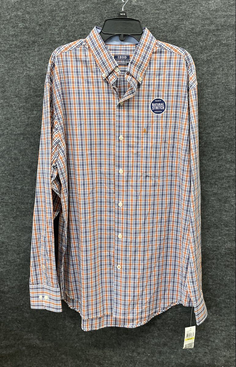 Izod Men's Long Sleeve Button Up Shirt Orange Rust Plaid Natural Stretch NWT M