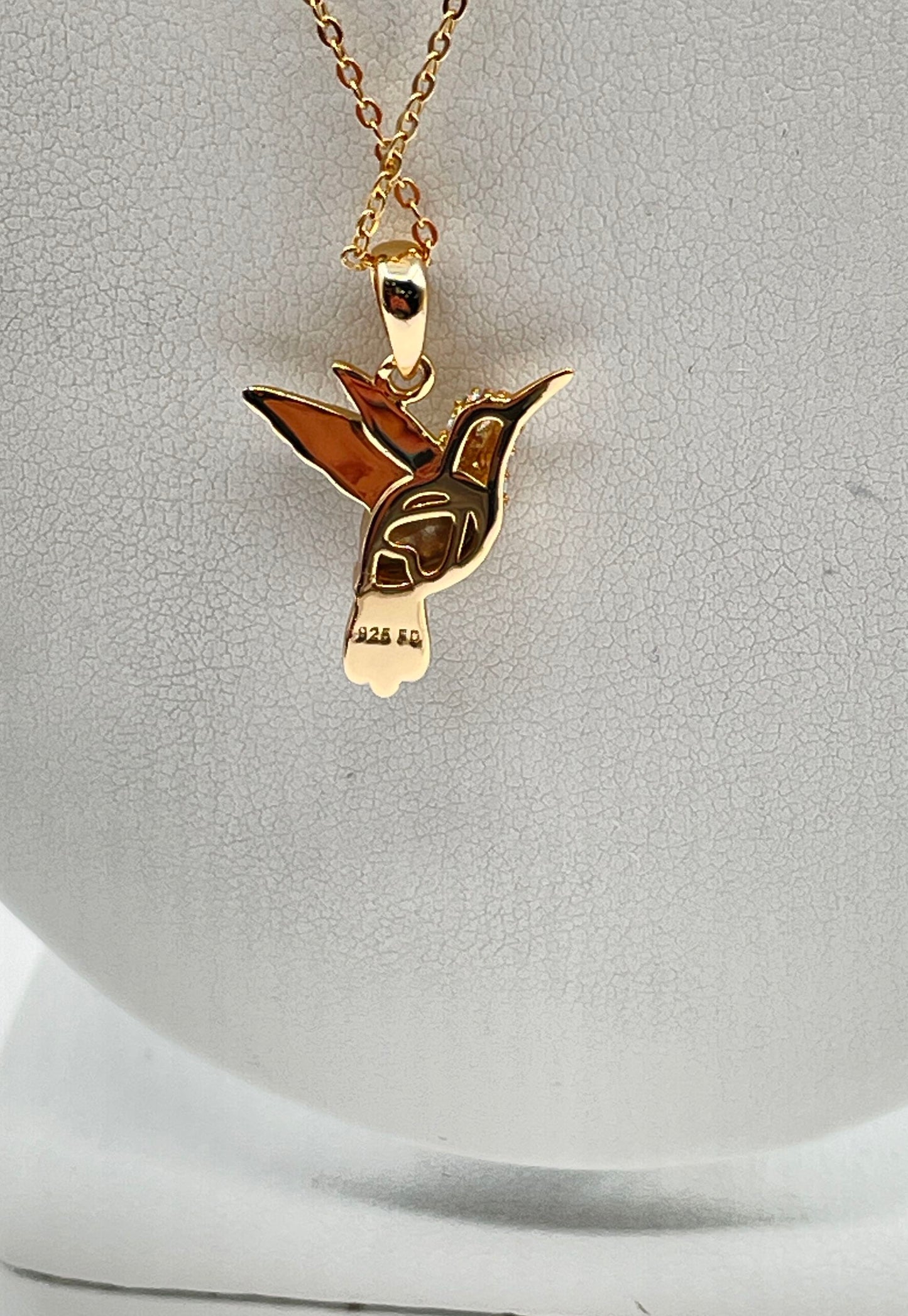 925 Sterling Silver Gold-Tone w/ CZ Accents Hummingbird Pendant Necklace 3.2g