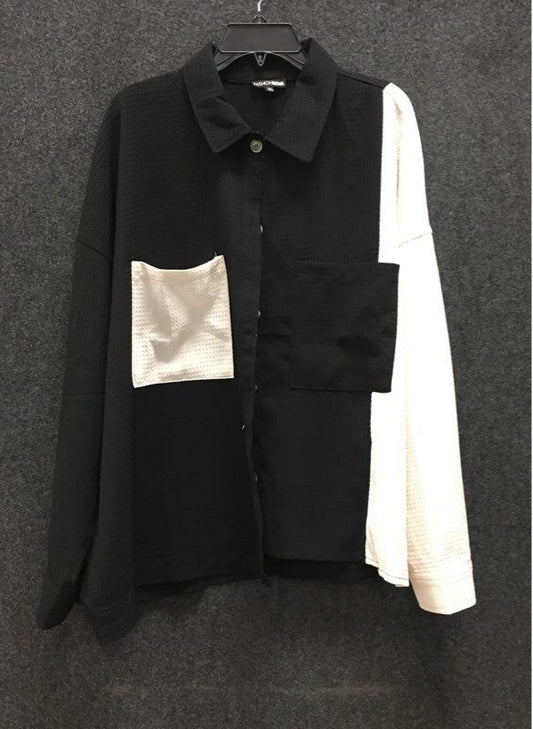 Fashion Nova Women's Black White Colorblock Waffle Button Down Shirt Sz 3X