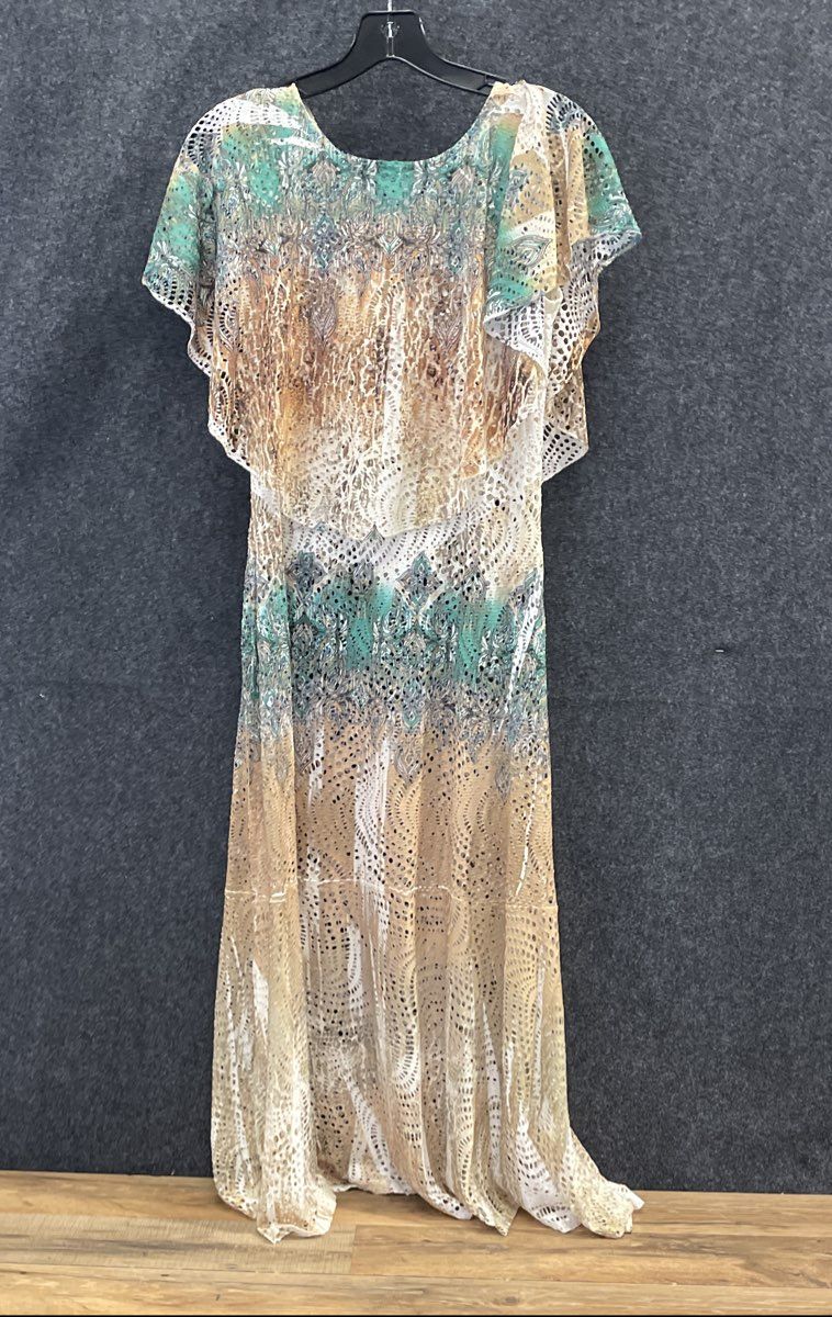 Reba Women's White Green Paisley Popover Embellished Maxi Dress Crochet Sz S