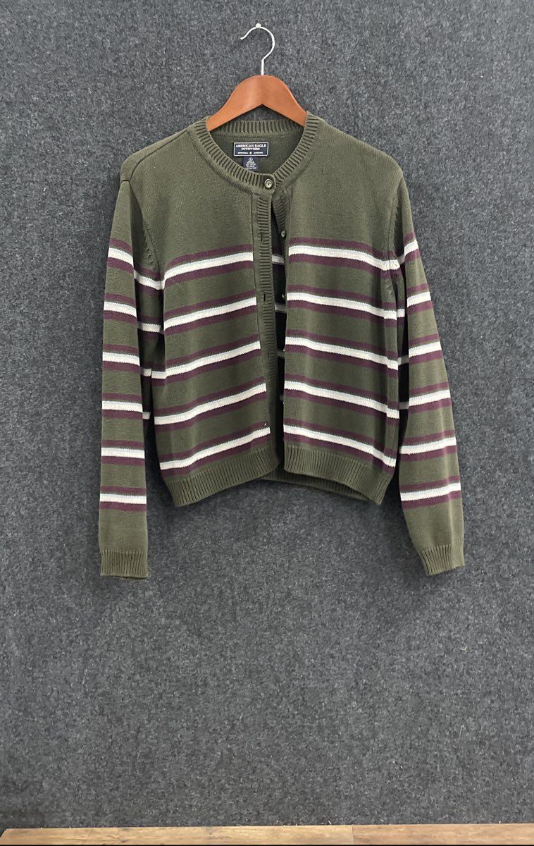 American Eagle Women's Cardigan Sweater Green Striped Cotton Vintage Y2K Sz L