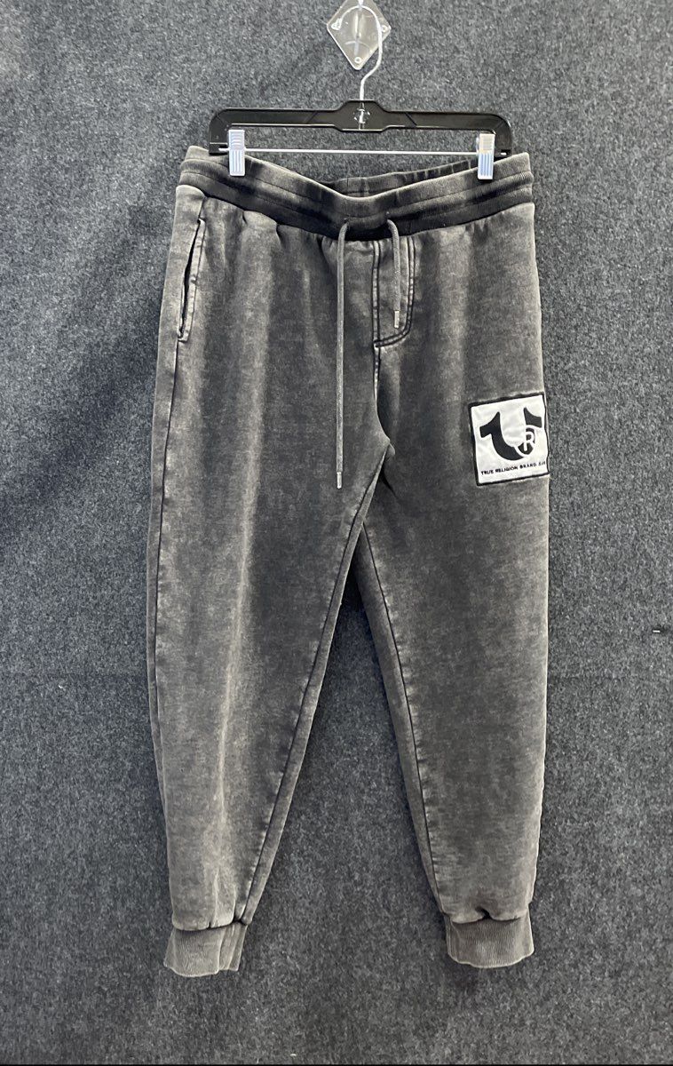 True Religion Men's Grey Acid Mineral Wash Horseshoe Logo Sweatpants Size M