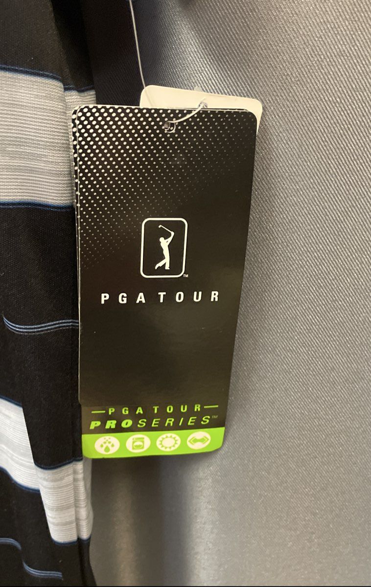 PGA Tour Men's Pro Series Golf Polo Shirt Caviar Black Gray Striped Sz L NWT