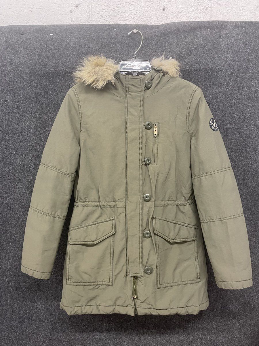 American Eagle Women's Olive Sherpa Hooded Faux Fur Trim Parka Jacket Sz S