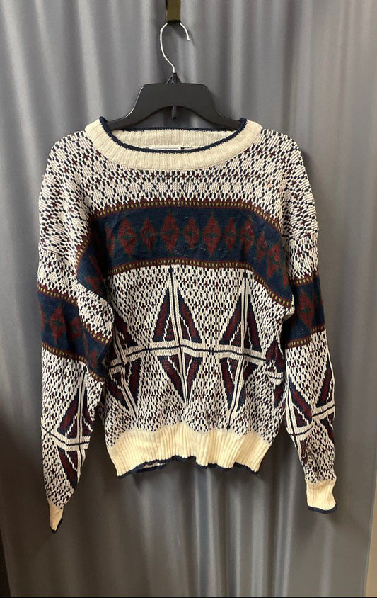 Vintage 90s Sears Fair Isle Geometric Knit Crewneck Sweater Made in Korea Sz M