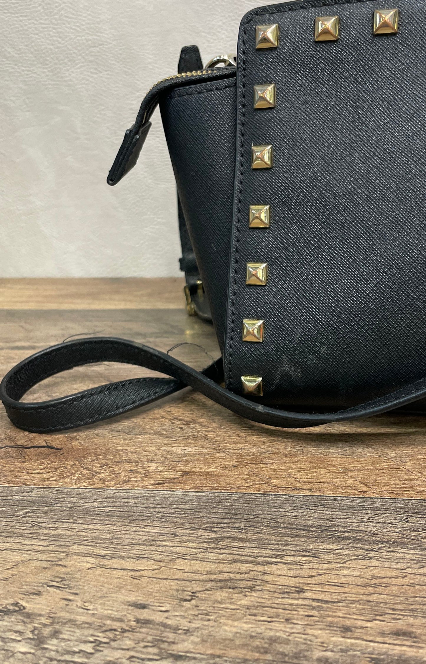Michael Kors Black Saffiano Leather Studded Selma Messenger Crossbody Bag Gold