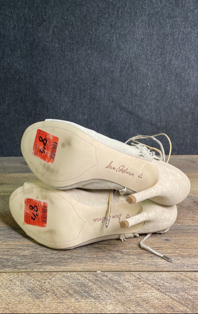 Sam Edelman Artie Beige Suede Fringe Lace Up Stiletto Heels Women's Size 8.5