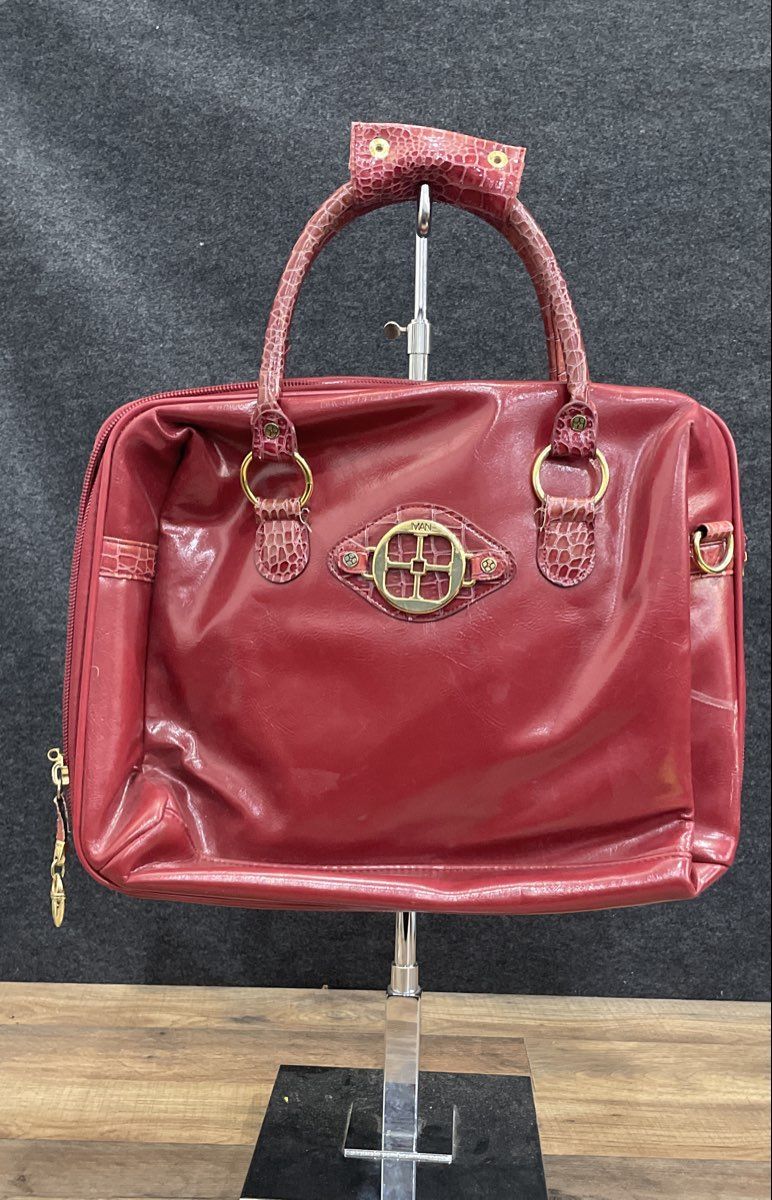 IMAN Red Faux Croc Trim Briefcase Laptop Bag 19" Gold Hardware