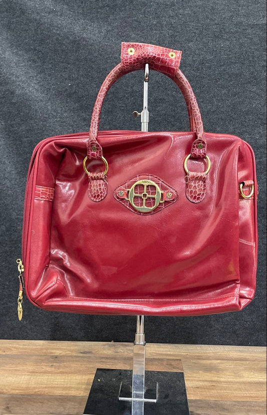 IMAN Red Faux Croc Trim Briefcase Laptop Bag 19" Gold Hardware