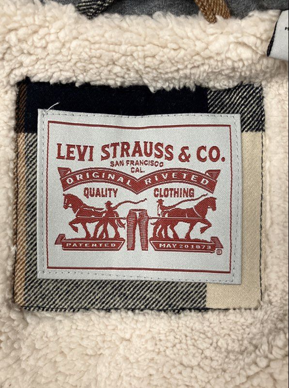 Levi's Men's Plaid Sherpa Lined Hooded Flannel Jacket Blue Tan Sz XL