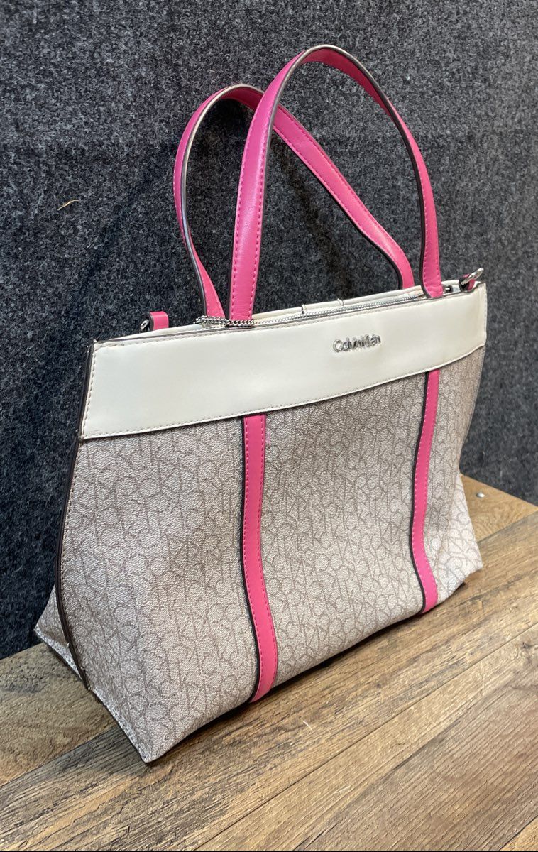 Calvin Klein White & Pink Monogram Canvas Satchel Shoulder Bag Purse