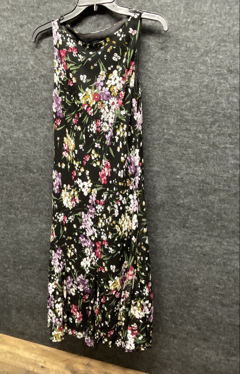 Chaps Women's Black Sleeveless Floral Print Midi Dress Tiered Flare Skirt Sz 6